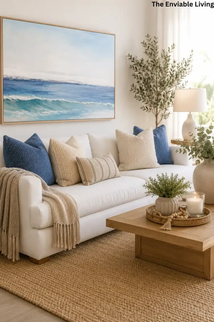 White Sectional Living Room Connected to a Modern Kitchen