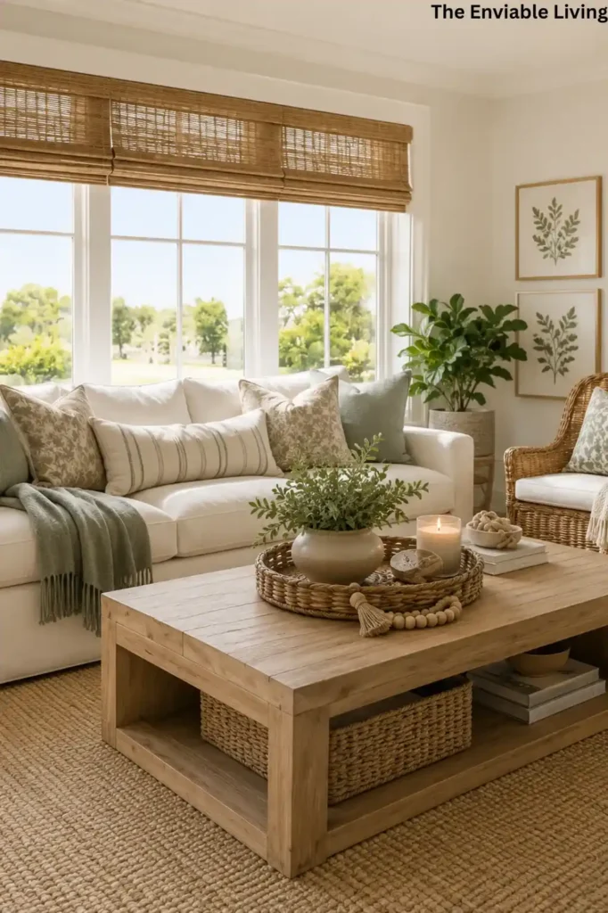 White Sofa Living Room with Woven Shades and Natural Wood Furniture