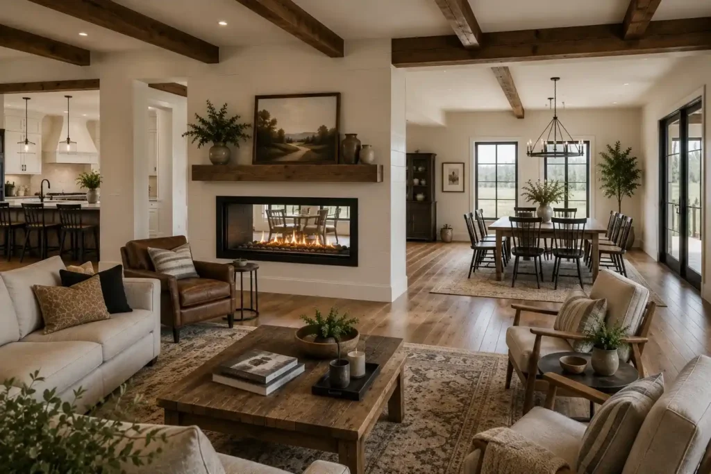 A Double-Sided See-Through Fireplace Between Two Rooms