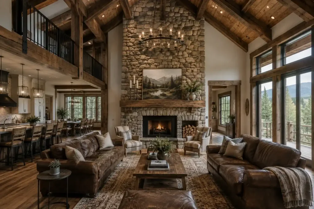 A Floor-to-Ceiling Stacked Stone Fireplace