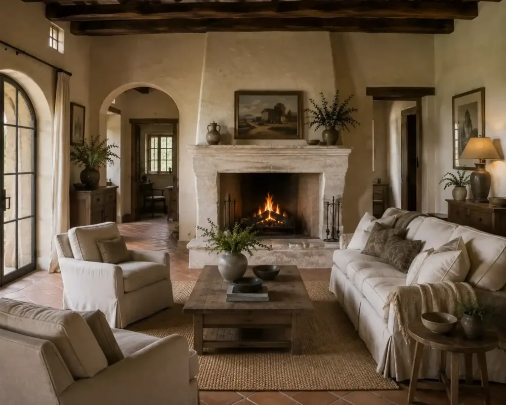 A Limewashed Stone Fireplace for Old-World Softness