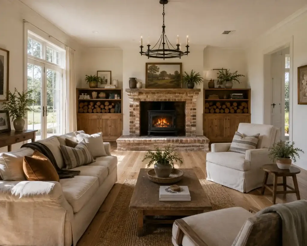 A Raised Hearth with Built-In Storage on Either Side