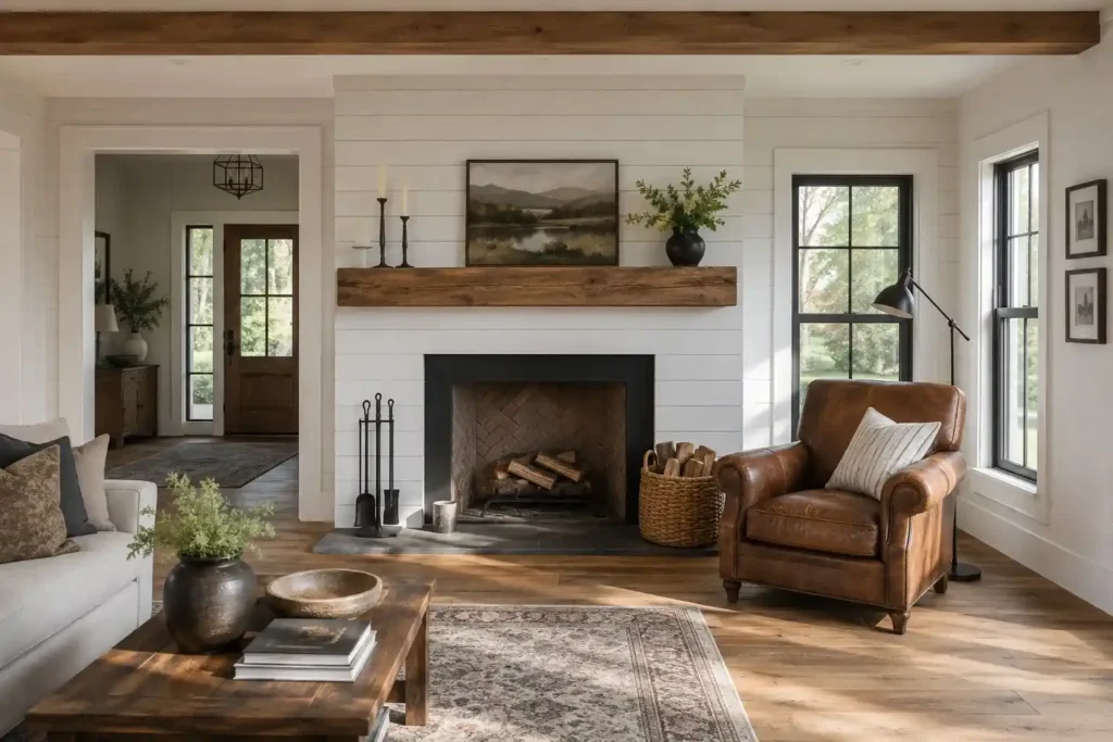 A Shiplap Fireplace Wall with a Rustic Wood Mantel
