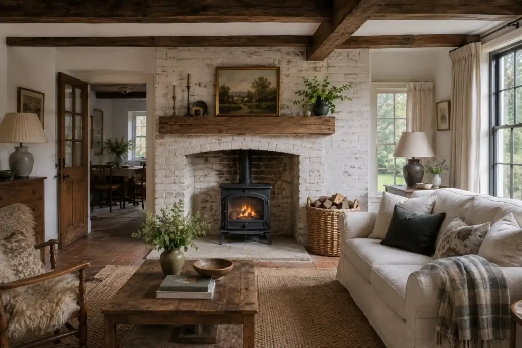 A Whitewashed Brick Fireplace for Softened Farmhouse Charm
