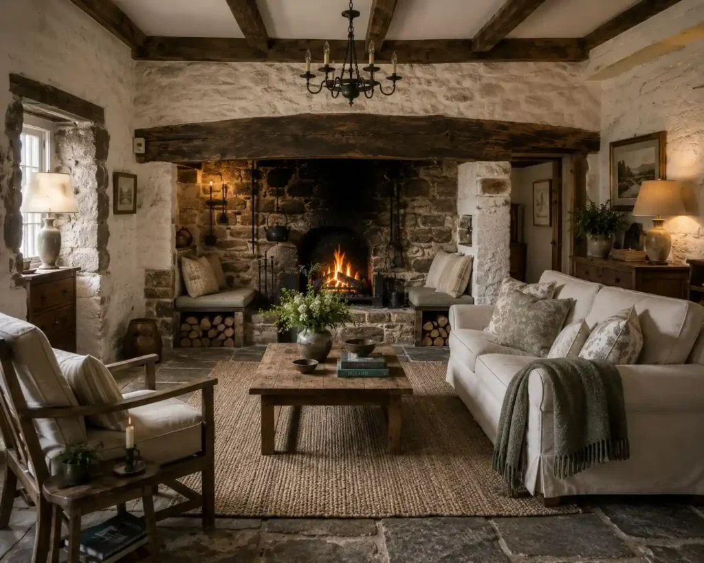An Inglenook Fireplace with Built-In Bench Seating